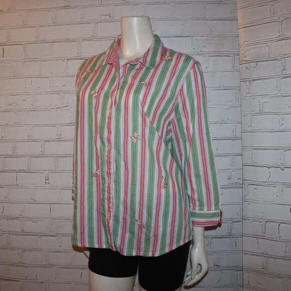 🌸💚🧵 Alfred Dunner Shirt · Embroidered Stripes · Size 16 - Picture 5 of 7